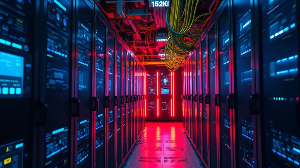 Datacenter moderne avec serveurs et câbles électriques