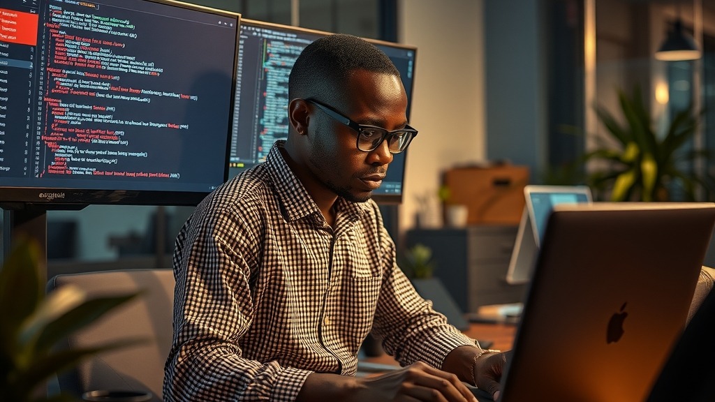 Développeur africain analysant des lignes de code Ruby