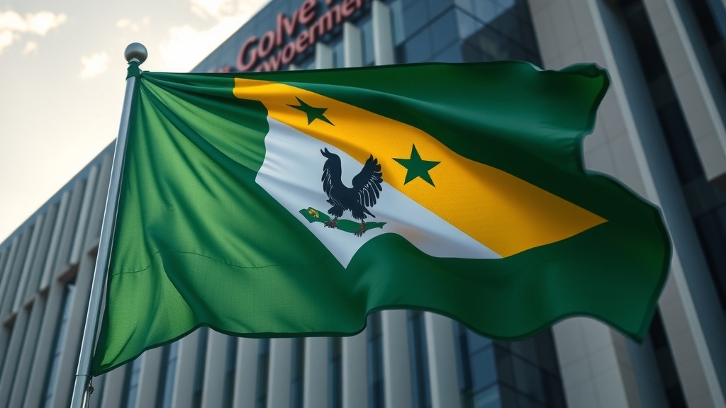 Drapeau du Gabon devant un bâtiment gouvernemental