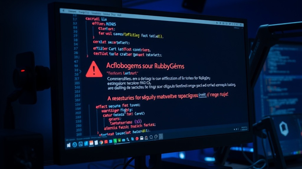 Écran affichant une alerte de sécurité RubyGems avec code malveillant