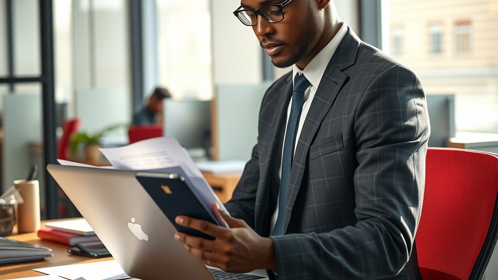 Employé africain travaillant sur un ordinateur portable avec des documents officiels