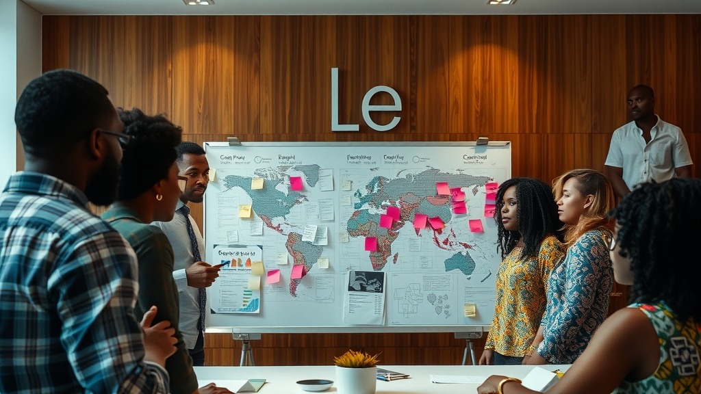 Équipe africaine en réunion autour d'un tableau blanc