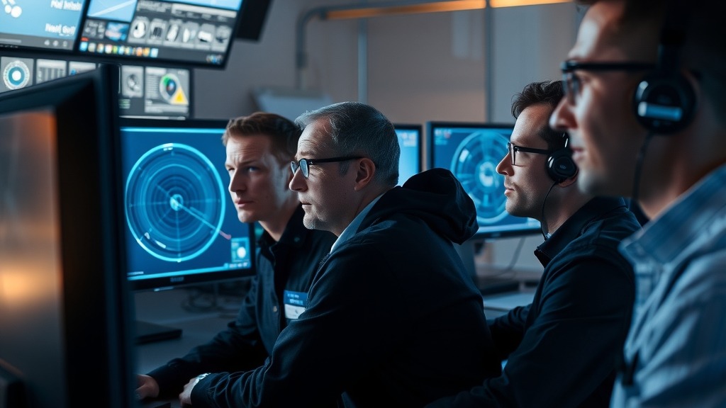 Équipe d'ingénieurs analysant des données spatiales en salle de contrôle