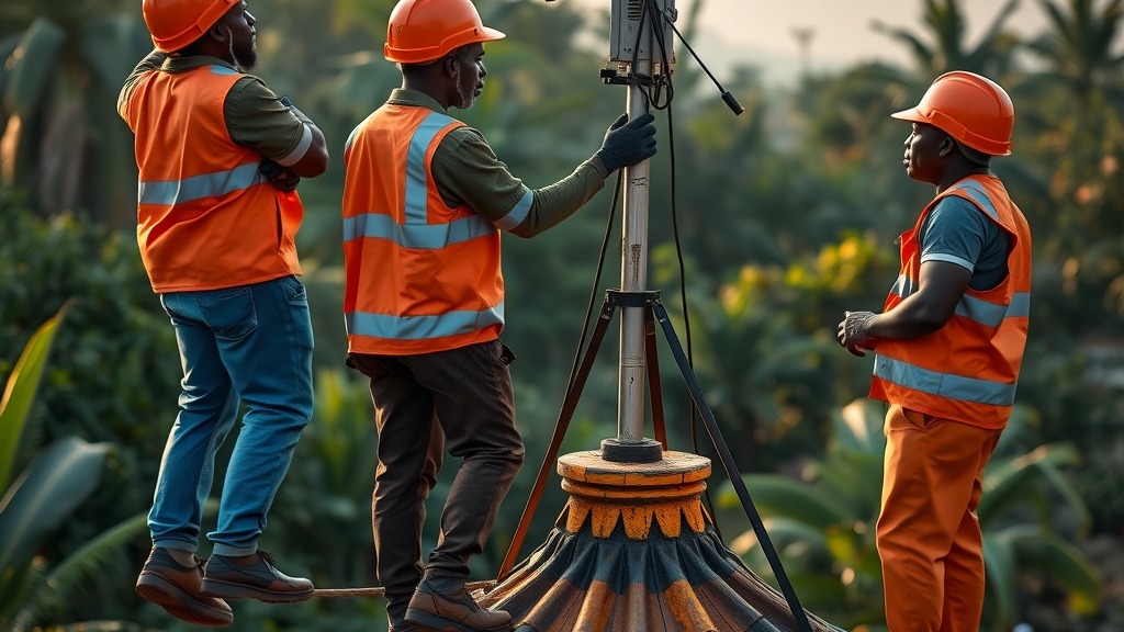 Équipe installant une antenne parabolique pour une connexion satellite en zone rurale ivoirienne