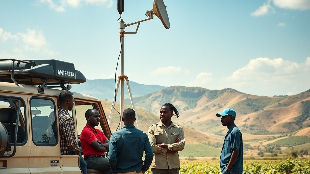 Équipe technique locale avec antenne satellite en Ouganda