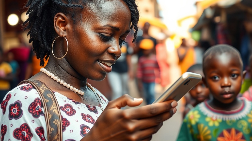 Femme utilisant un smartphone dans un marché de Lusaka, symbole de l'inclusion numérique
