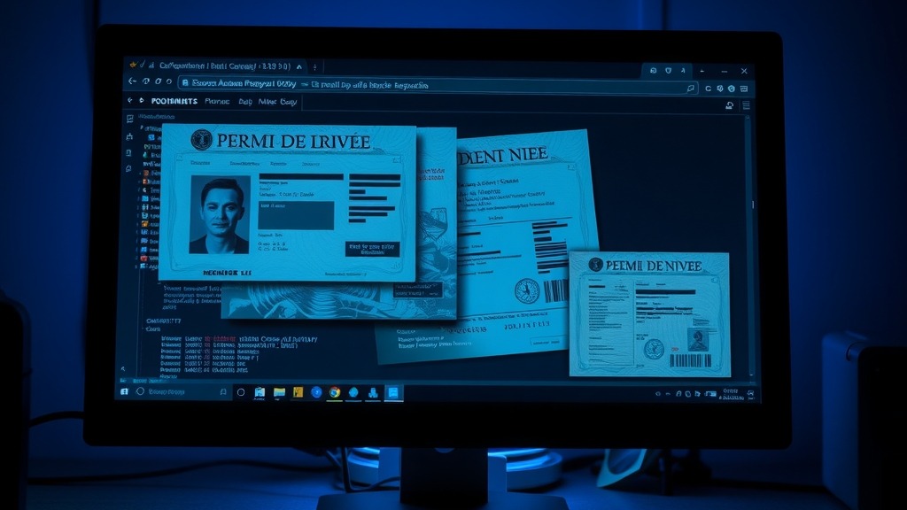 Interface sombre du dark web affichant des scans de permis de conduire et documents d’identité