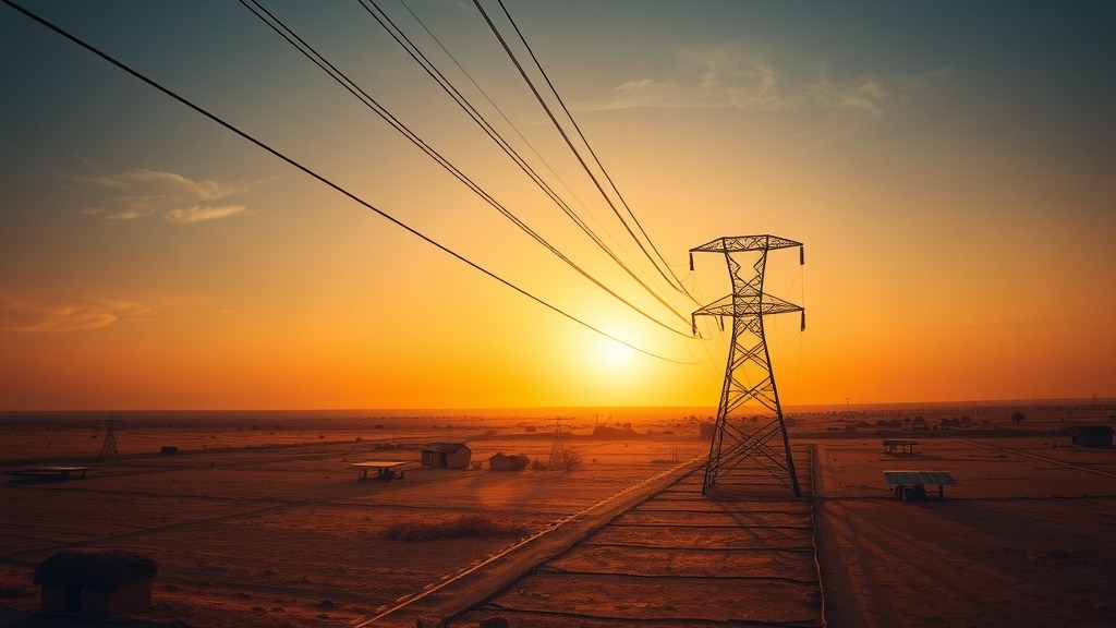Ligne électrique traversant une zone rurale africaine avec un village isolé en arrière-plan