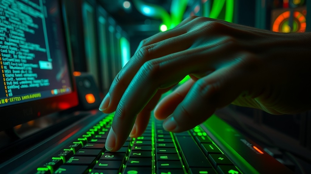 Main sur clavier avec lignes de code vertes, illustrant la cybersécurité