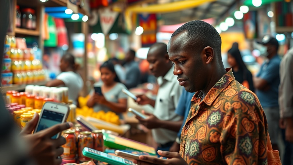 Marché africain où des vendeurs utilisent des smartphones pour des transactions en ligne