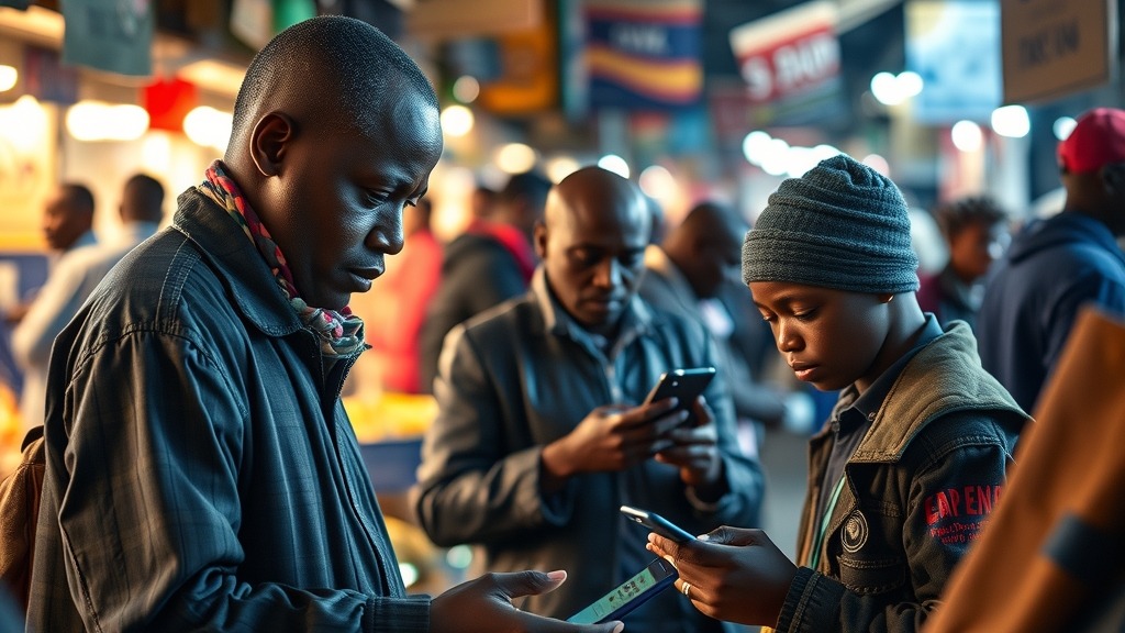 Marché de Nairobi où les transactions mobiles sont omniprésentes