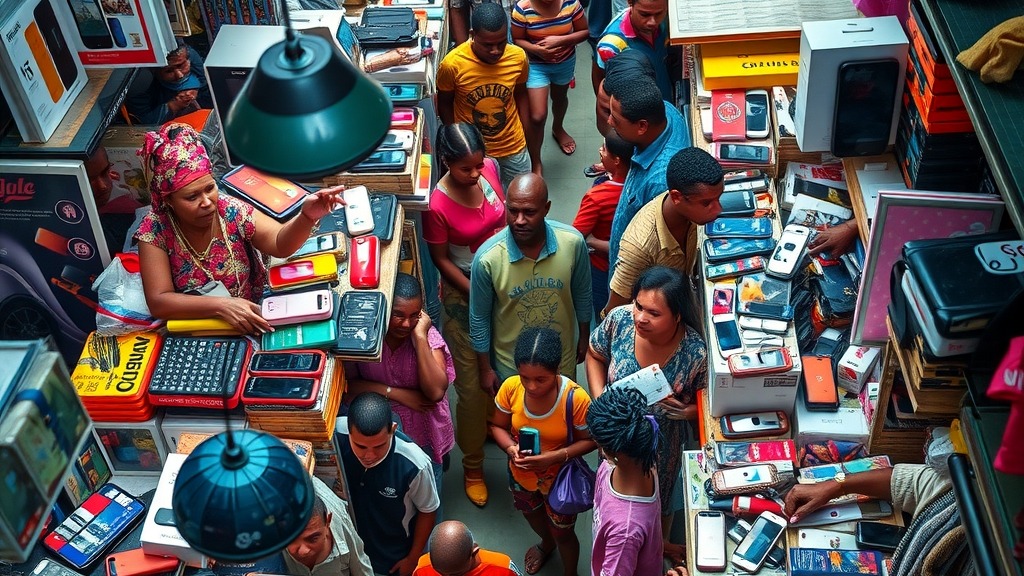 Marché nigérian avec étals de téléphones et accessoires