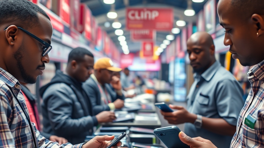 Marché nigérian : des clients examinent des smartphones d’entrée de gamme