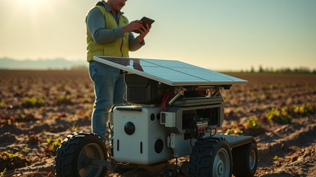 Robot solaire télécommandé en test dans un champ agricole