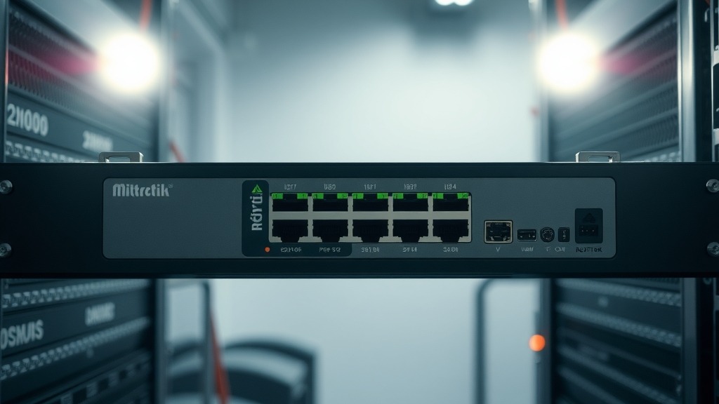 Routeur MikroTik en salle serveur avec voyants lumineux