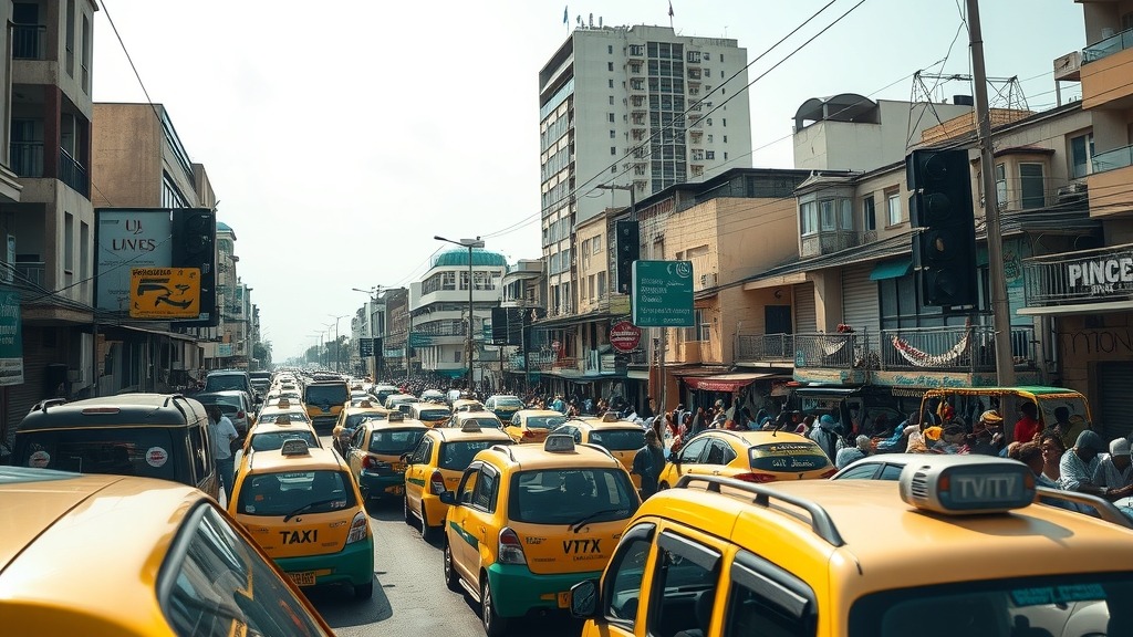 Rue animée de Lagos avec des véhicules de transport en mouvement