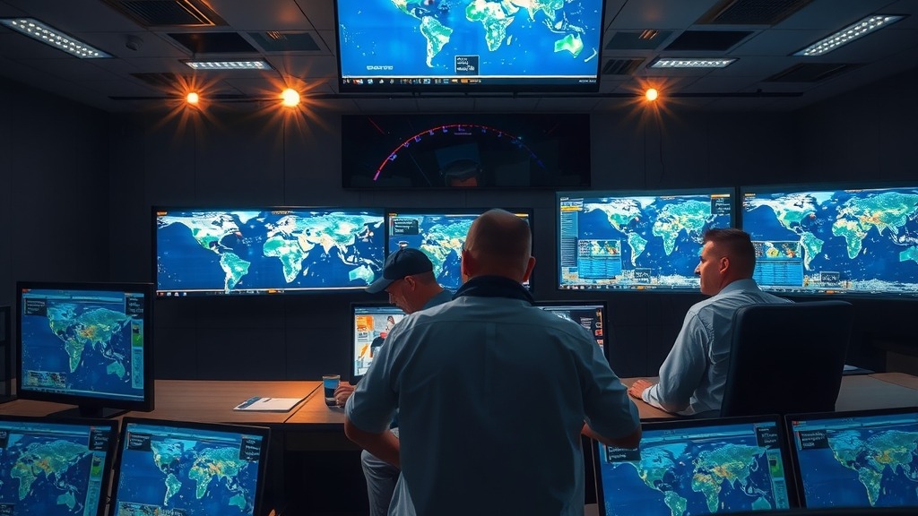Salle de contrôle analysant les données du satellite OptoSAR
