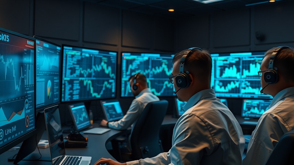 Salle de contrôle cyber avec écrans affichant des flux de transactions crypto