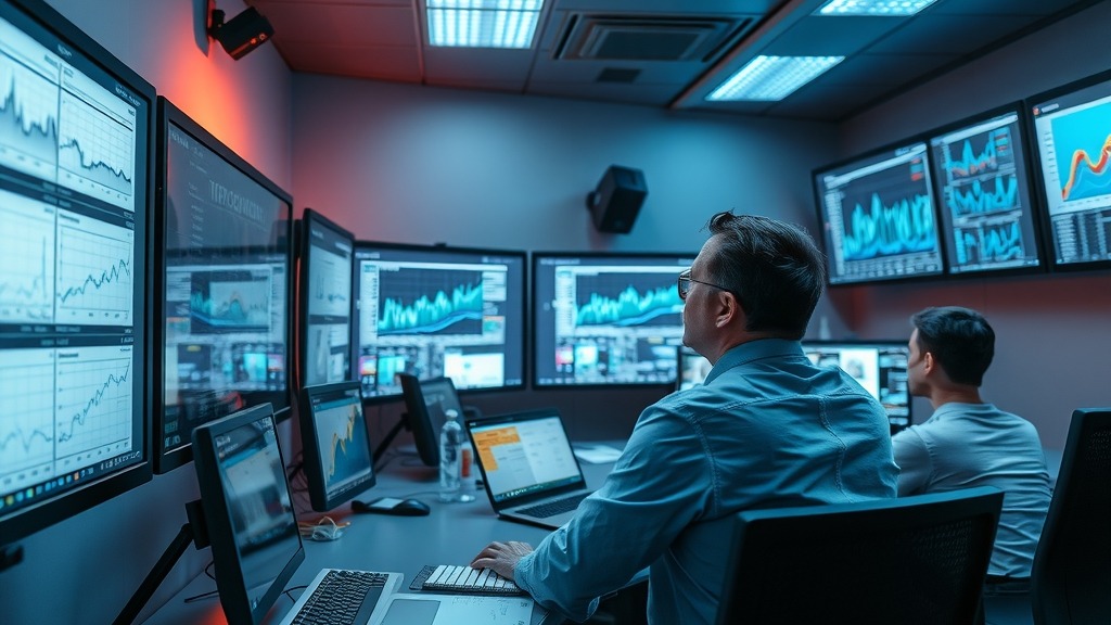 Salle de contrôle énergétique avec ingénieurs analysant des données