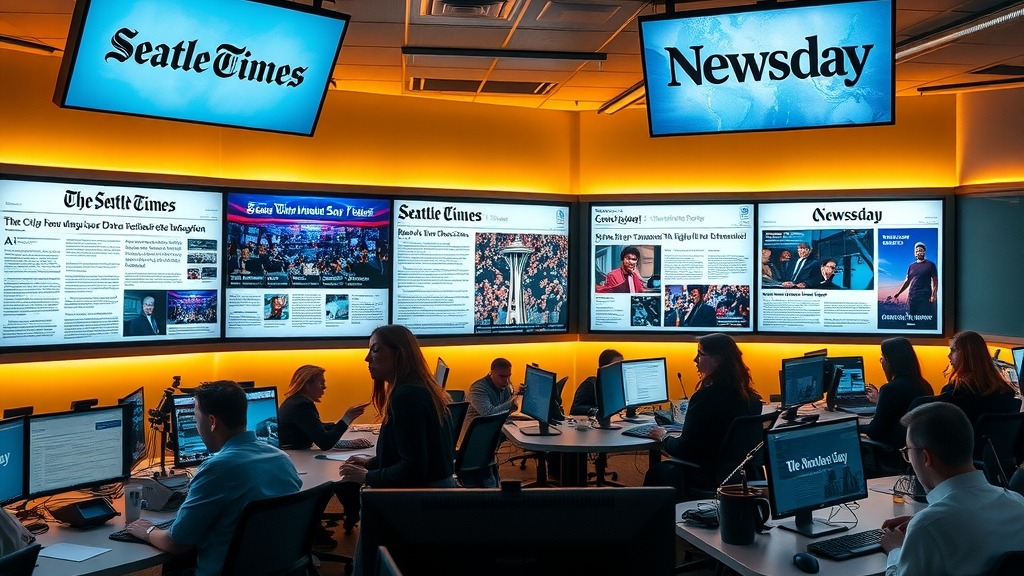 Salle de rédaction du Seattle Times ou de Newsday illustrant l'importance du journalisme local