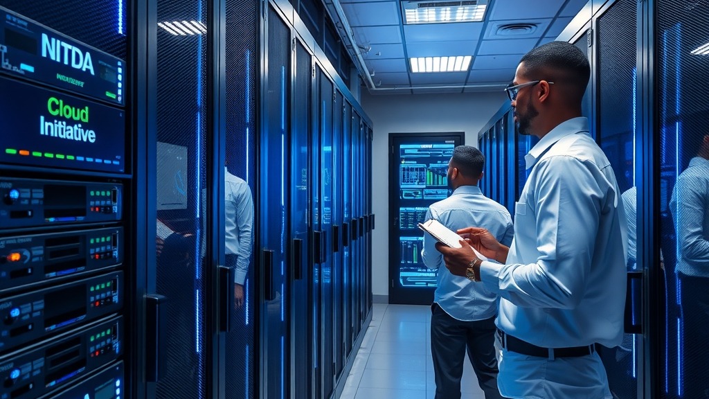 Salle de serveurs du projet cloud souverain nigérian avec des baies de stockage étiquetées