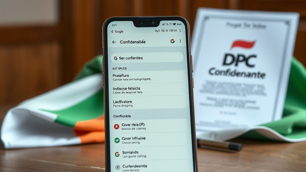 Smartphone affichant les paramètres de confidentialité de Google avec un drapeau irlandais en arrière-plan