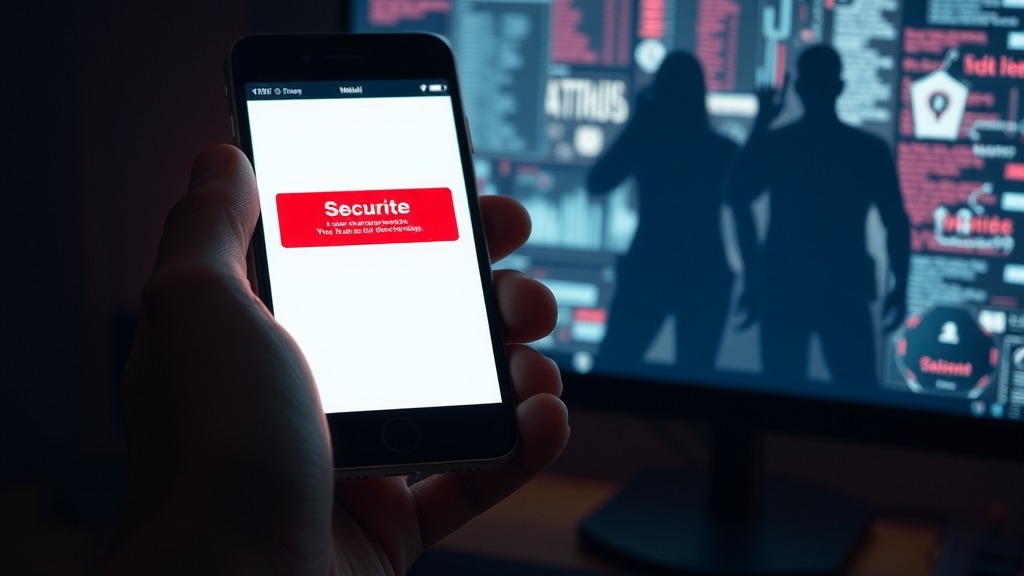 Smartphone affichant une alerte de sécurité avec des silhouettes numériques menaçantes en arrière-plan