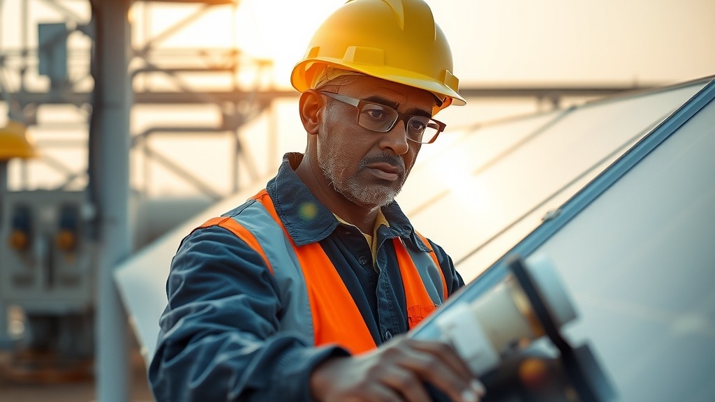 Technicien inspectant un panneau solaire en Afrique