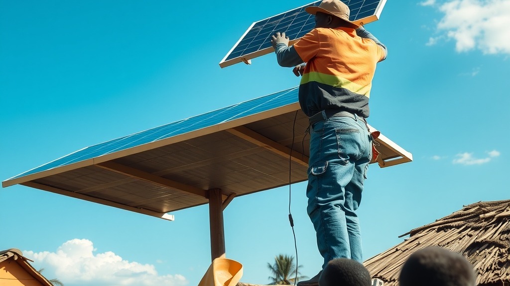 Technicien installant un panneau solaire dans un village africain