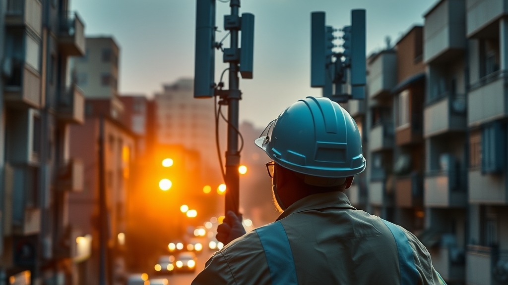 Technicien télécoms au travail sur une antenne 5G au Nigeria