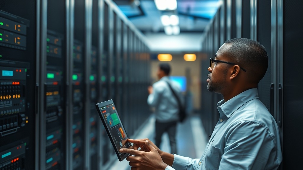 Technicien vérifiant des serveurs dans un data center africain