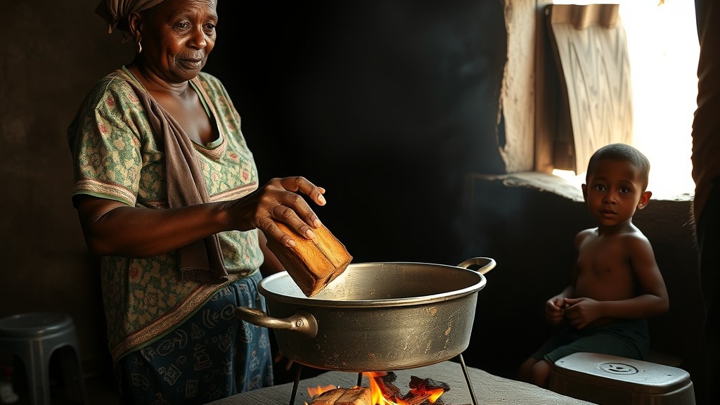 Une femme utilise du charbon écologique pour cuisiner dans un foyer amélioré au Burkina Faso