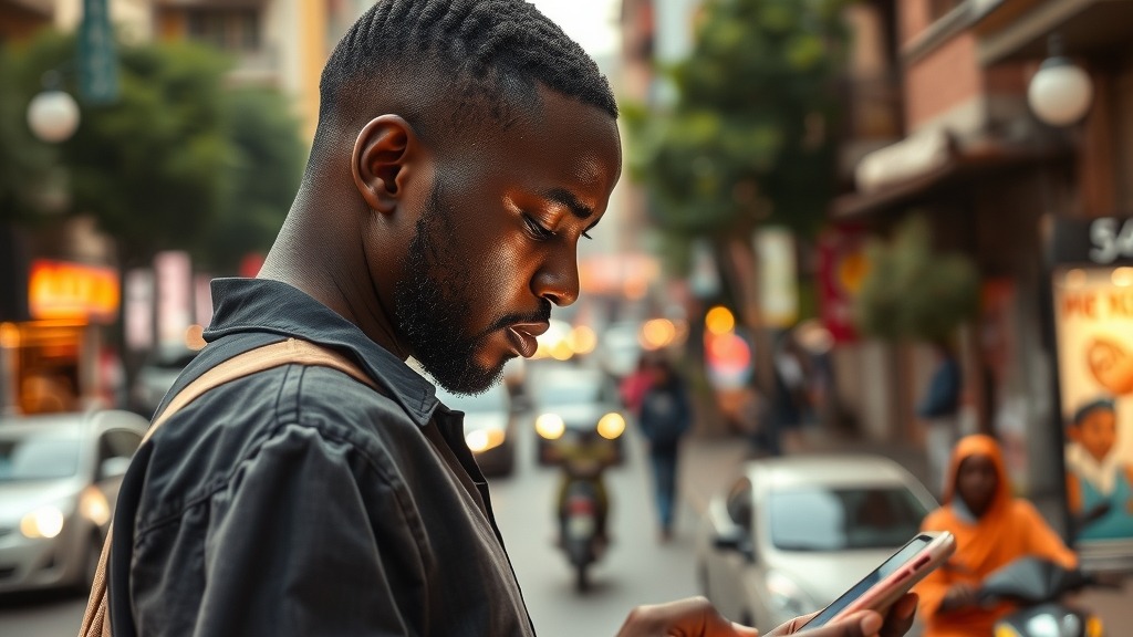 Utilisateur africain consultant son smartphone dans un environnement urbain
