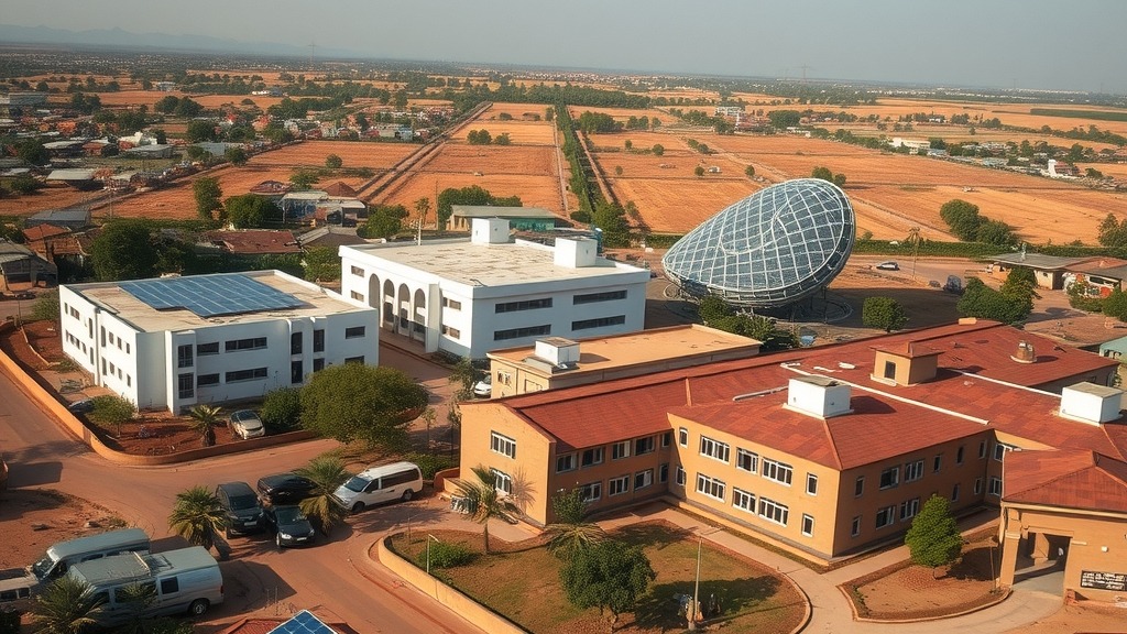 Vue aérienne de Bobo-Dioulasso montrant les infrastructures autour du chantier solaire de Matourkou