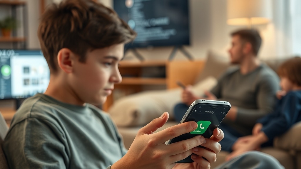 Adolescent utilisant WhatsApp sous la supervision bienveillante d’un parent