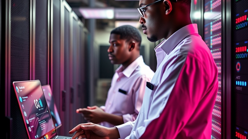 Data center africain avec serveurs et techniciens