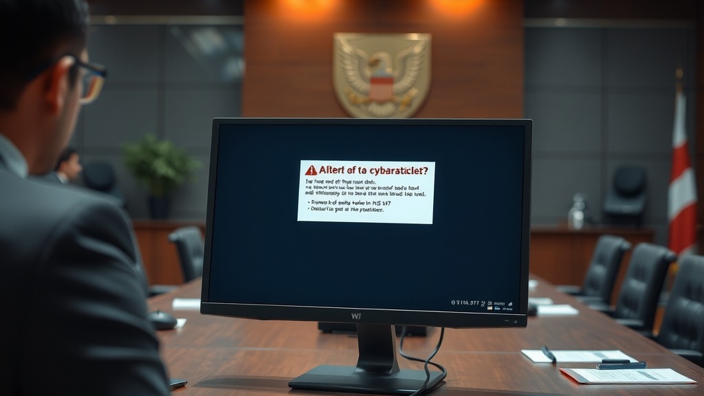 Écran d'ordinateur affichant une alerte de cyberattaque dans un tribunal