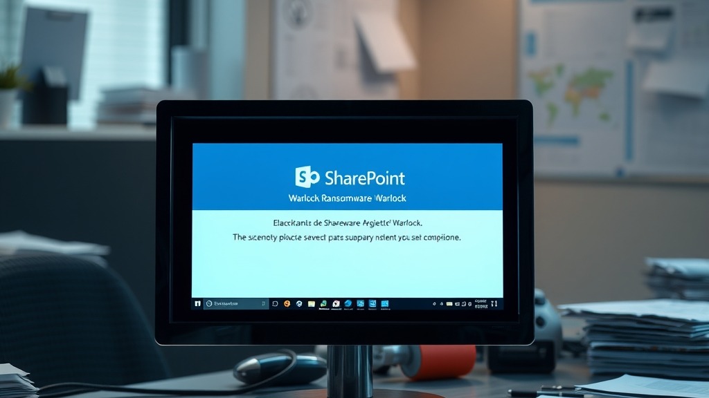 Écran d'ordinateur affichant une alerte de ransomware Warlock sur une interface SharePoint