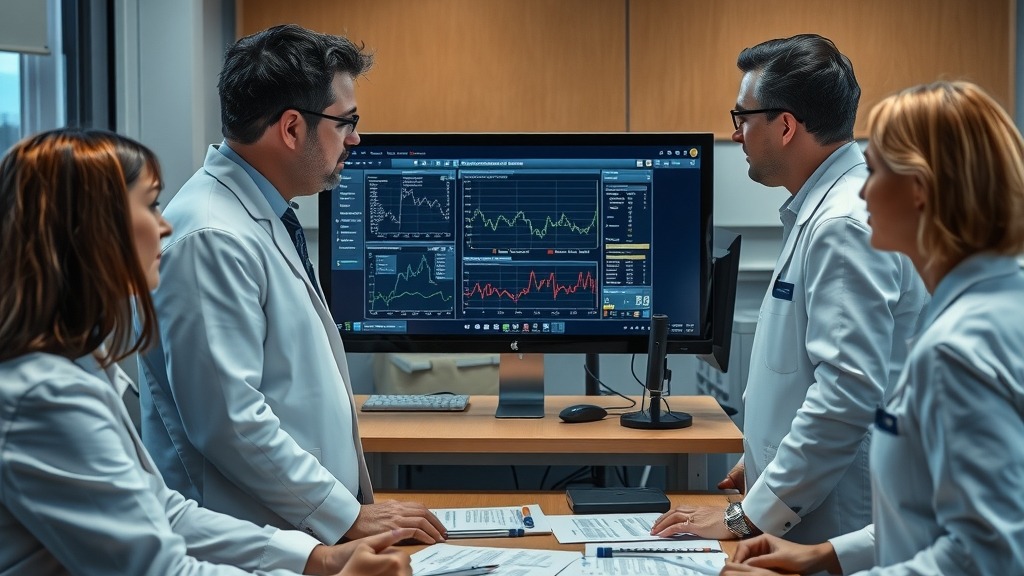 Équipe de chercheurs discutant autour d'un écran de monitoring fœtal