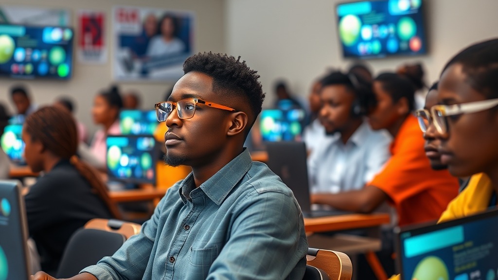Étudiants ghanéens en formation aux micro-credentials en IA dans une salle moderne