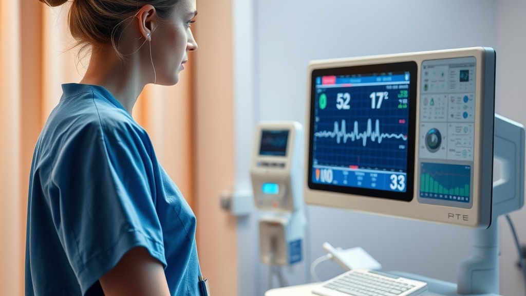 Infirmière consultant un écran de monitoring fœtal assisté par IA en salle de naissance