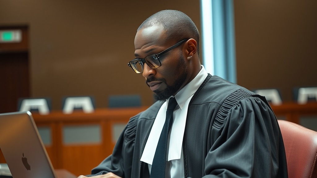 Juge utilisant un ordinateur portable dans un tribunal moderne