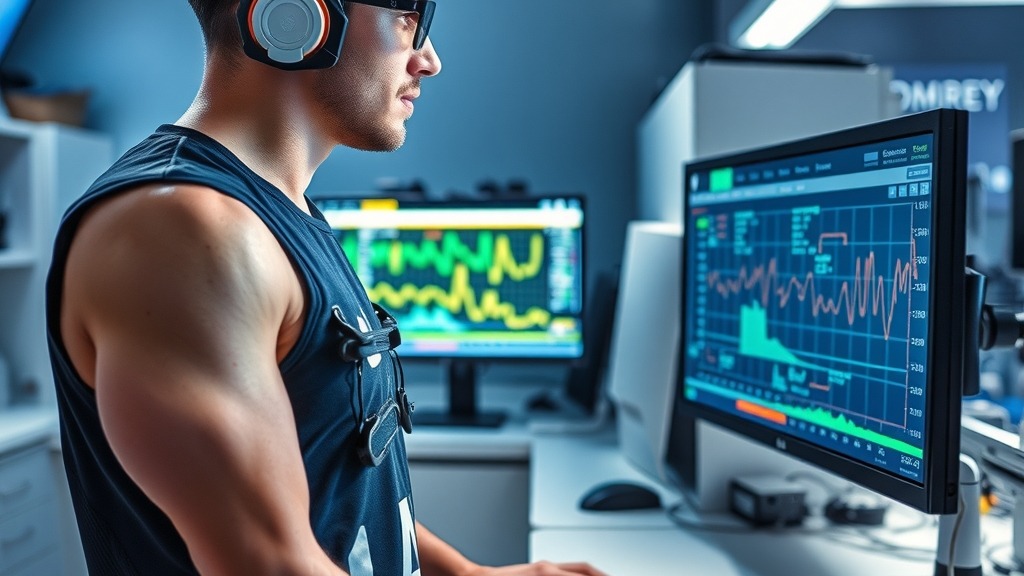 Laboratoire de biomécanique sportive avec athlète équipé de capteurs et écran d'analyse d'IA