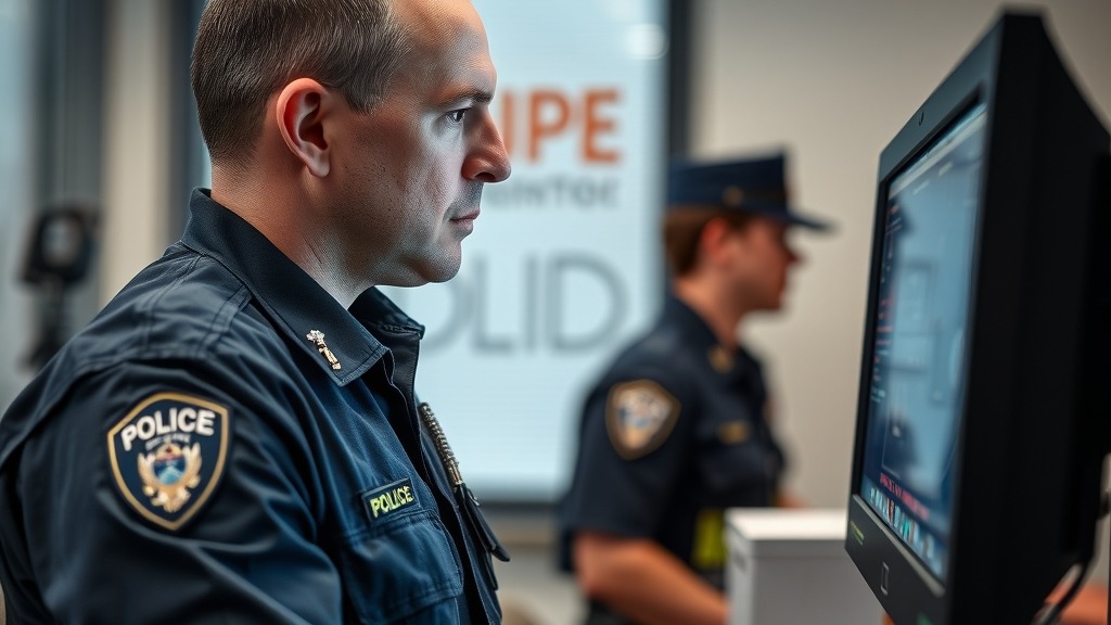 Policier consultant un écran d'ordinateur dans un poste de police