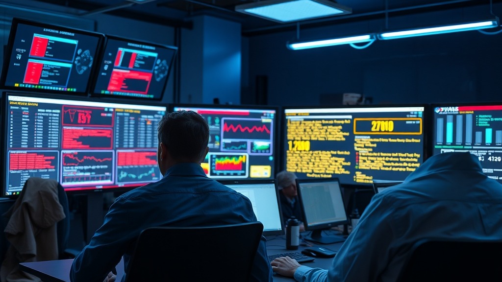 Salle de contrôle cybersécurité avec des écrans affichant des alertes et des analyses