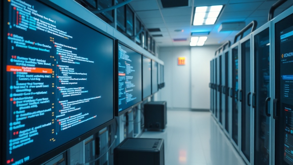 Serveur informatique en salle de contrôle affichant des alertes de cybersécurité