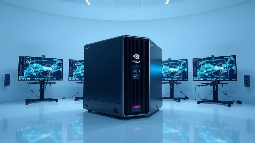 Serveur Nvidia DGX Spark en salle blanche avec écrans affichant des performances IA
