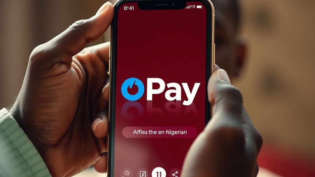 Smartphone affichant l'application OPay avec des billets de naira nigérian en arrière-plan