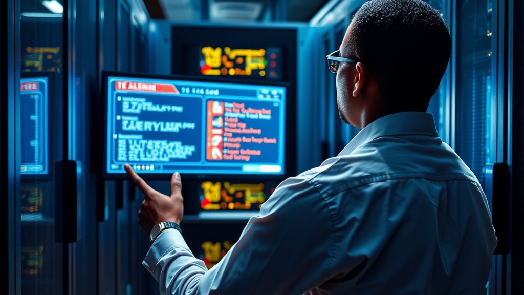 Technicien vérifiant les alertes de sécurité dans un data center africain